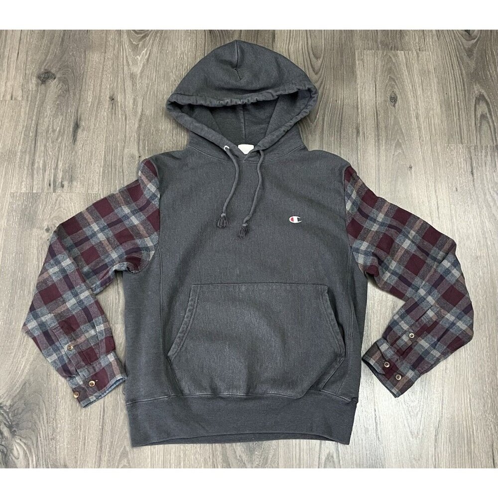 Champion Sweatshirt Plaid Flannel Sleeves Hoodie Gray Reverse Weave Mens Small